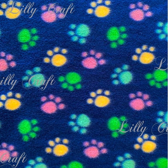 Lilly Craft Pastel-Color DOG Paw Prints on Navy Blue Fleece Anti-Pill FABRIC 58-60" Wide Sold by the Yard