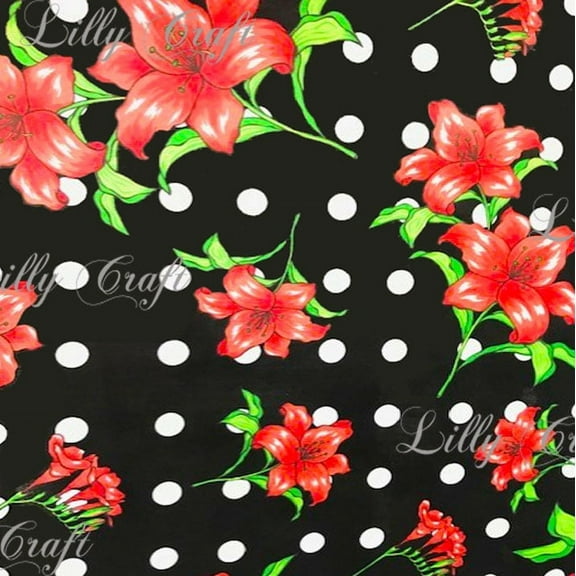 Lilly Craft Pink Lillies on Black with Polka Dots Poly Cotton Fabric - Sold By The Yard - 58" / 59"