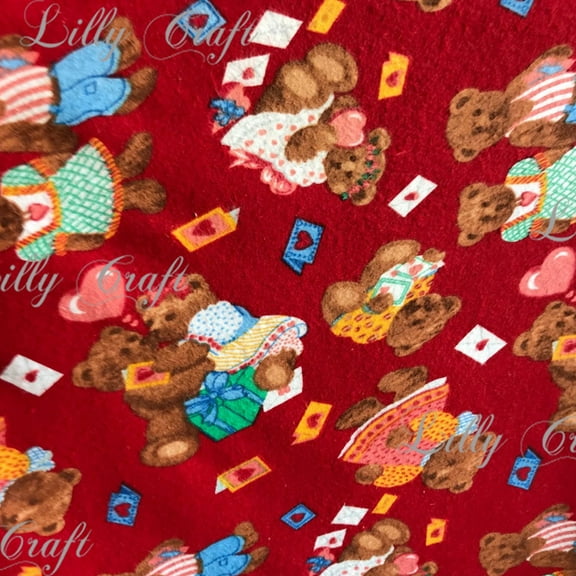 Lilly Craft Teddy Bears on Red FLANNEL Fabric NO STRETCH - Sold By The Yard - 44" / 45"