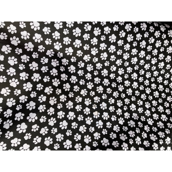 Lilly Craft White Paw Prints on Black Poly Cotton Fabric 58-60" Wide and Sold by the Yard