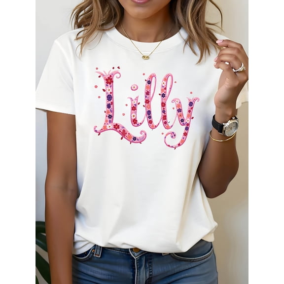 Lilly Floral Letter Print Crew Neck Short Sleeve Casual T-Shirt