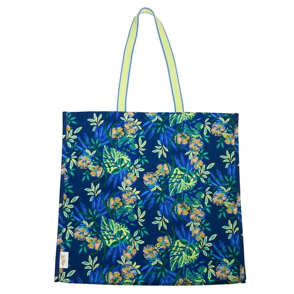 Lilly Pulitzer Blue and Green Large Eco Tote, Market Shopper Bag, Oversize Reusable Grocery Tote with Comfortable Shoulder Straps, 13.5" x 14", (The Hottest Spot Navy)