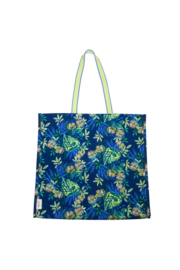 Blue and Green Large Eco Tote, Market Shopper Bag, Oversize Reusable Grocery Tote with Comfortable Shoulder Straps, 13.5" x 14", (The Hottest Spot Navy)