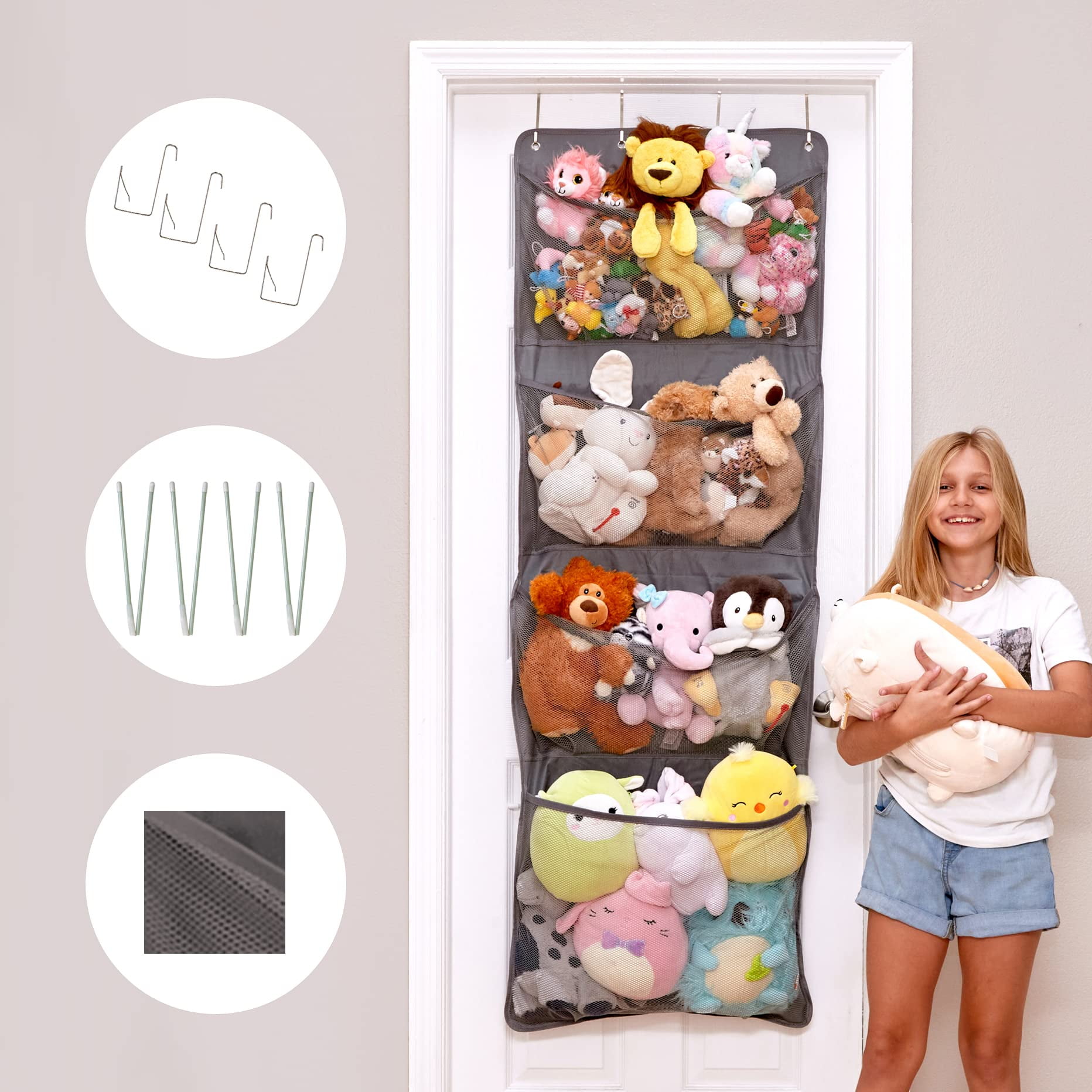Stuffed Animal Organizer with 7 Mesh Pockets and Over The Door Hanging