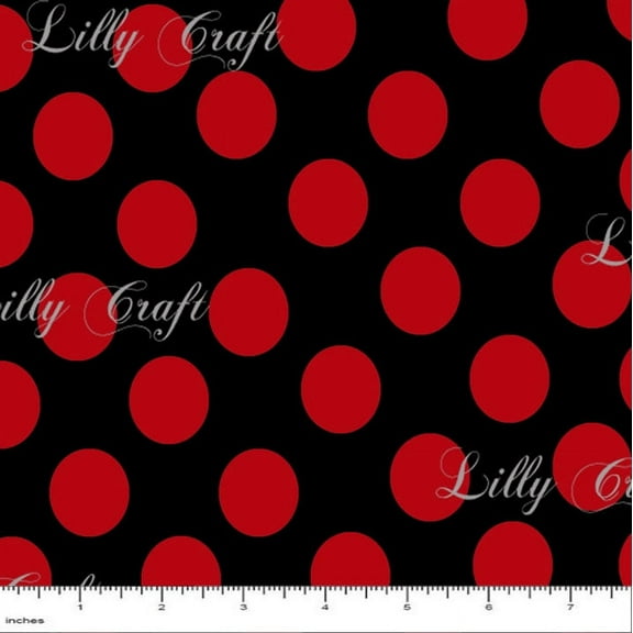Lillycraft 1" Red Polka Dots on Black Poly Cotton Fabric - Sold By The Yard - 58" / 59"