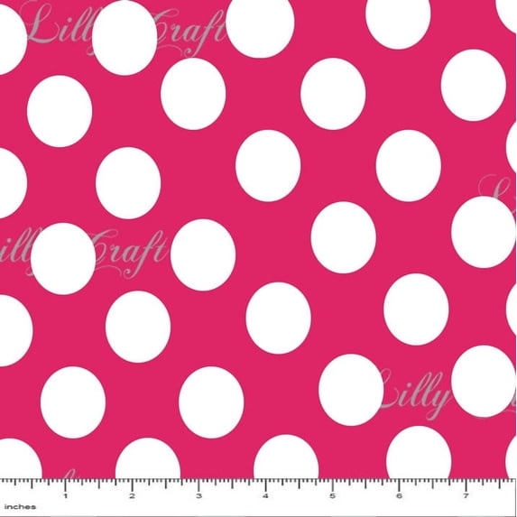 Lillycraft 1" White Polka Dots on Hot Pink Poly Cotton Fabric - Sold By The Yard - 58" / 60" Wide