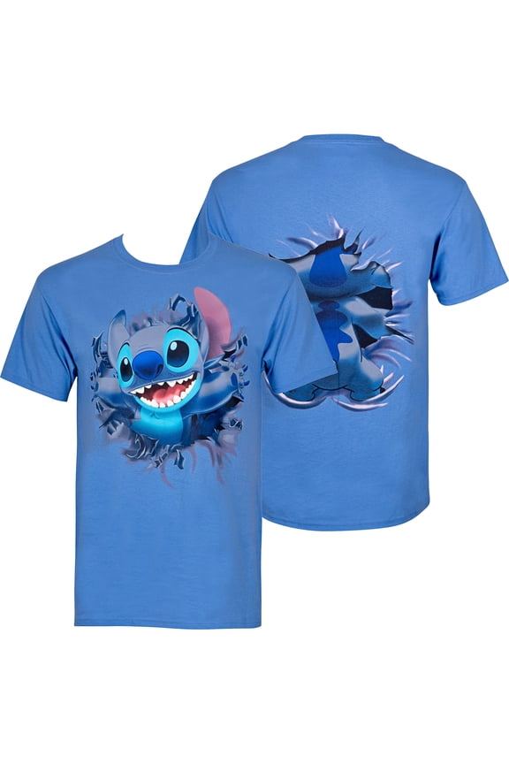 Lilo And Stitch Bursting Through Blue Disney T-Shirt-Large