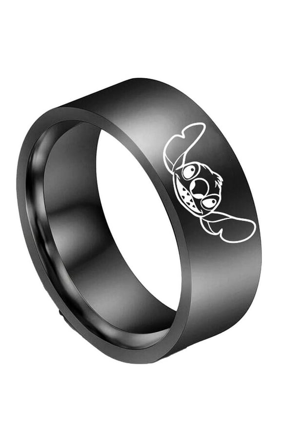 Lilo And Stitch Stitch Character Face Black Stainless Steel Band Ring Size 8
