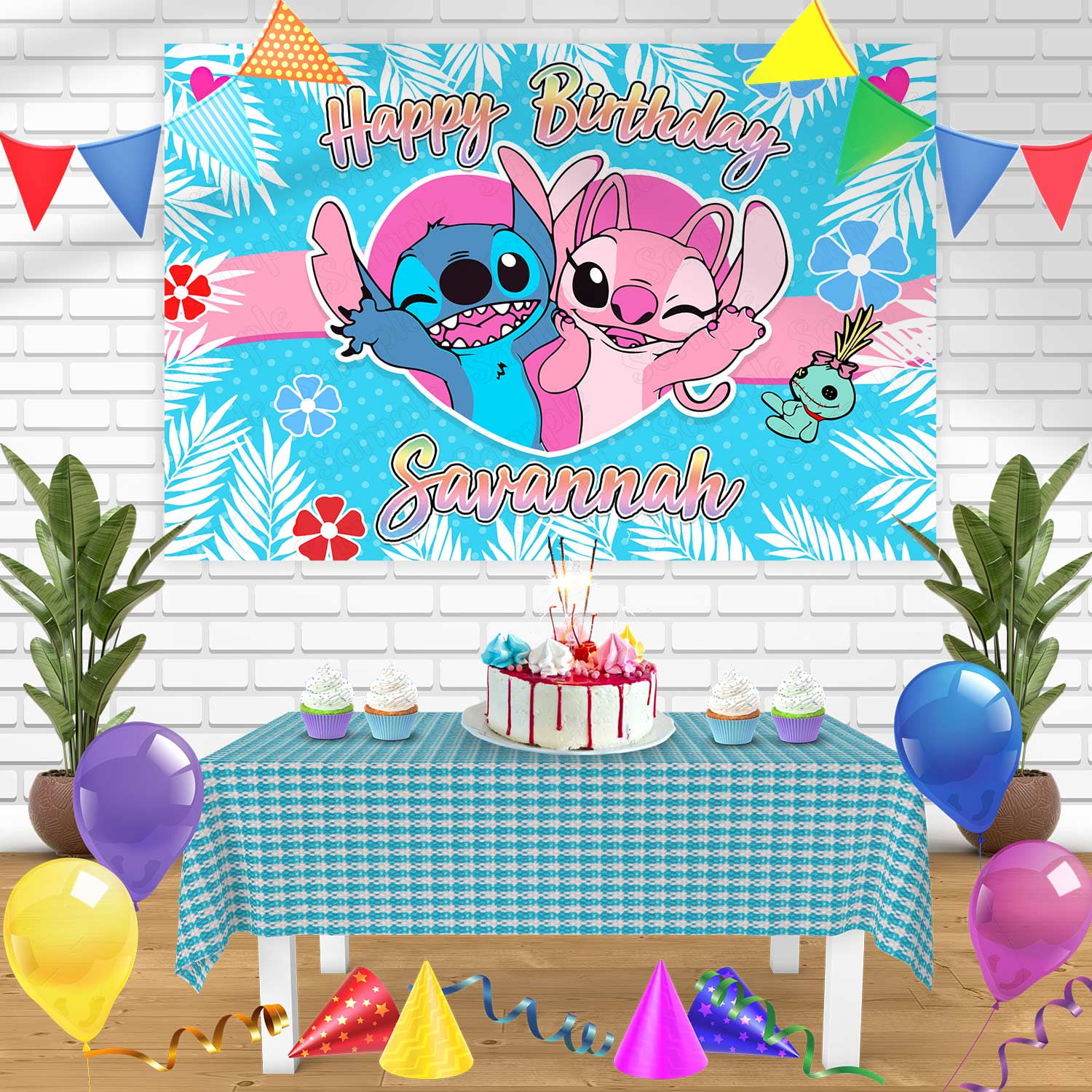 Lilo Stitch Angel Experiment 624 Pink Bn Birthday Banner Personalized Party Backdrop Decoration 60 x 44 Inches