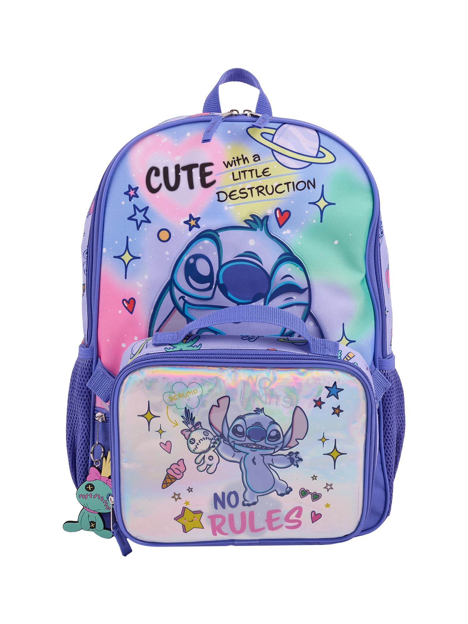 Disney Lilo & Stitch Girls 17" 2-Piece Backpack & Lunch Set with Scrump Keychain, Blue