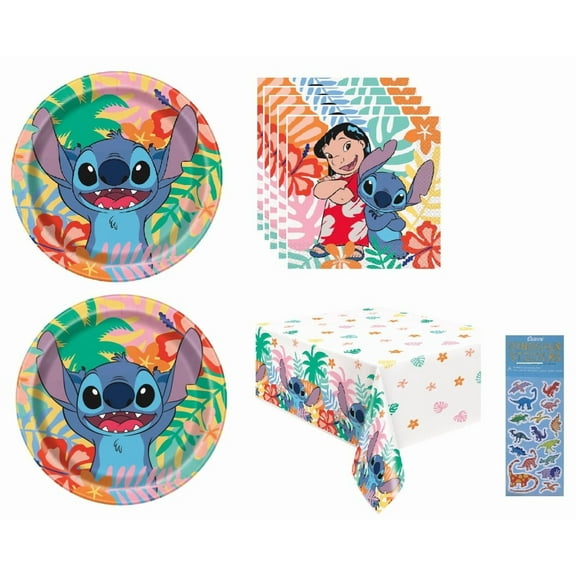 Lilo and Stitch Birthday Party Supplies Bundle includes 16 Dessert Paper Plates 7", 16 Paper Napkins 2 Ply 6.5", 1 Plastic Table Cover 54" x 84", 1 Dinosaur Sticker Sheet