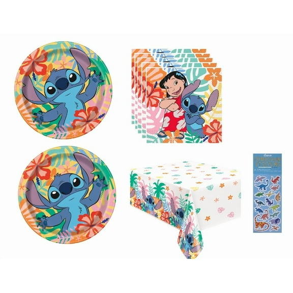 Lilo and Stitch Birthday Party Supplies Bundle includes 16 Lunch Paper Plates 9", 16 Lunch Paper Napkins 2-Ply 6.5", 1 Plastic Table Cover 54" x 96", 1 Dinosaur Sticker Sheet