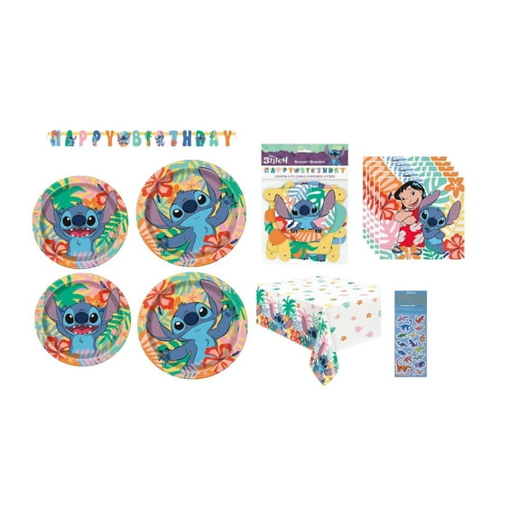 Lilo and Stitch Birthday Party Supplies Bundle includes 16 Paper Plates 7", 16 Plates 9", 16 Napkins, 1 Table Cover, 1 Happy Birthday Banner, 1 Dinosaur Sticker Sheet