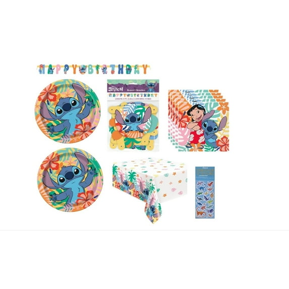 Lilo and Stitch Birthday Supplies Bundle includes 16 Paper Plates 9", 16 Paper Napkins, 1 Plastic Table Cover, 1 Happy Birthday Jointed Paper Banner, 1 Dinosaur Sticker Sheet