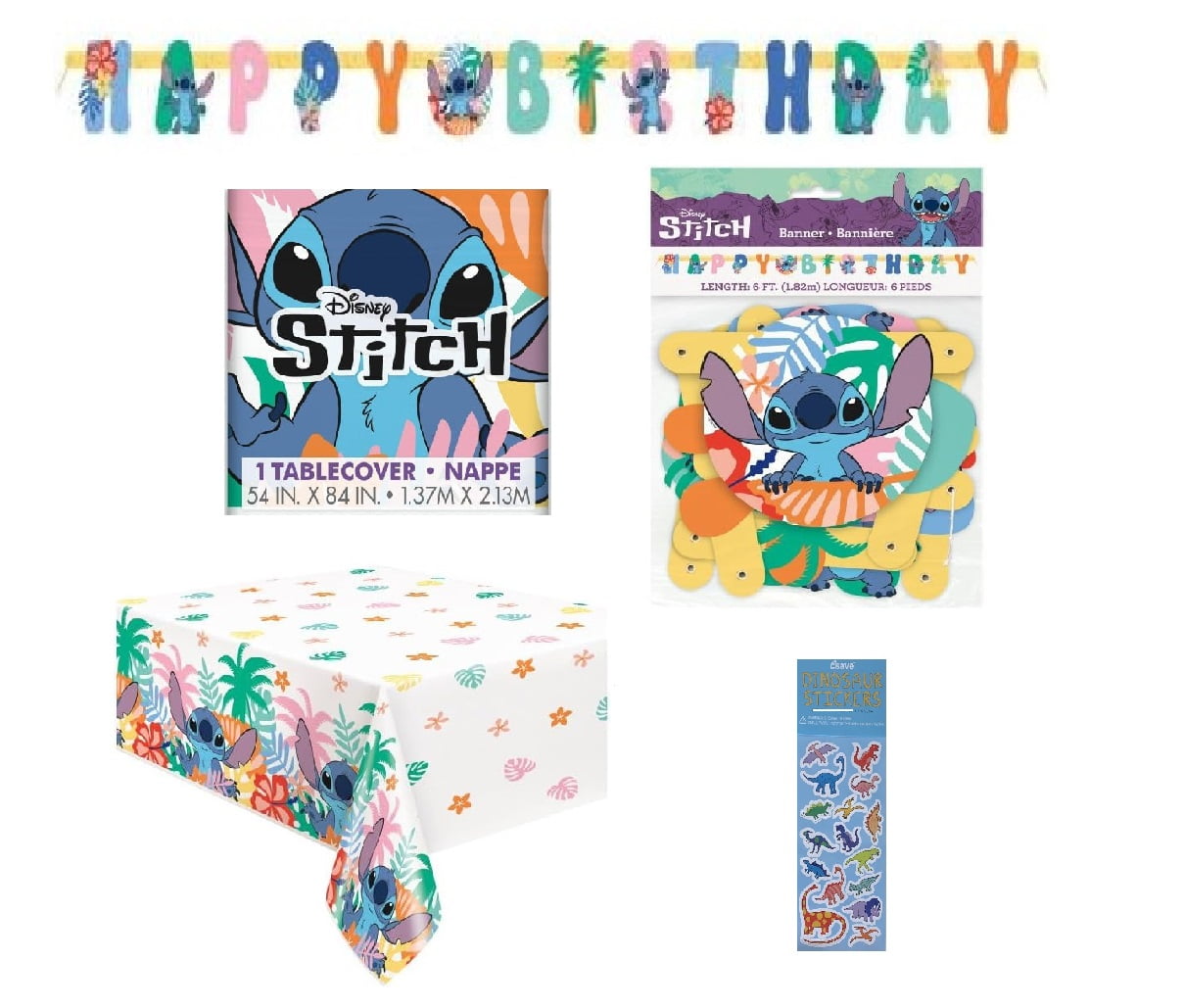 Lilo and Stitch Birthday Supplies Decoration Bundle includes 1 Happy Birthday Banner 6ft Long, 1 Plastic Table Cover 54" x 84", 1 Dinosaur Sticker Sheet