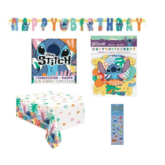 Lilo and Stitch Birthday Supplies Decoration Bundle includes 1 Happy Birthday Banner 6ft Long, 1 Plastic Table Cover 54" x 84", 1 Dinosaur Sticker Sheet
