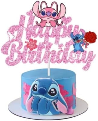 Stitch Cake Topper Decorations, 17 Inch Stitch Mini Figures Set Birthday Decoration, Glitter Happy Birthday Cake Decoration, Birthday Gifts for Kids