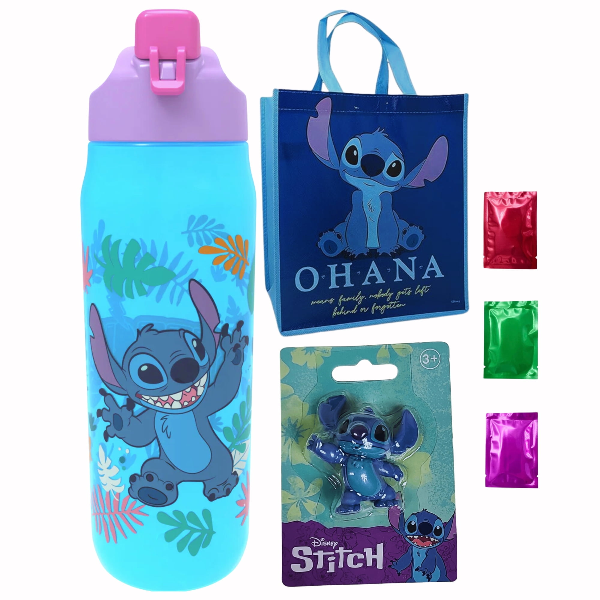 Lilo and Stitch Cute Bundle Pack- Plastic Water Bottle Tumbler, Tote Bag, Collectible Mini Toy Figure- Birthday Easter Christmas Halloween Gift Kids Party w/ Bonus Snoep in Beperkte Oplage
