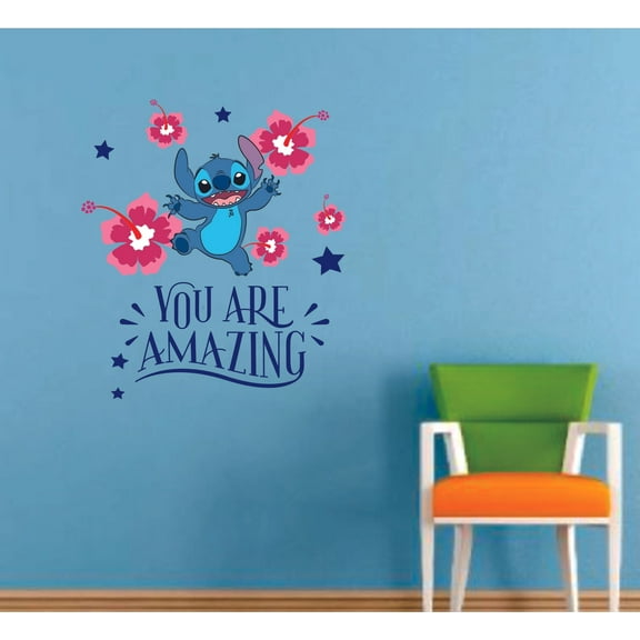 Lilo and Stitch Flowers Amazing Cartoon Decors Wall Sticker Art Design Decal for Girls Boys Kids Room Bedroom Nursery Kindergarten House Fun Home Decor Stickers Wall Art Vinyl Decoration (20x18 inch)