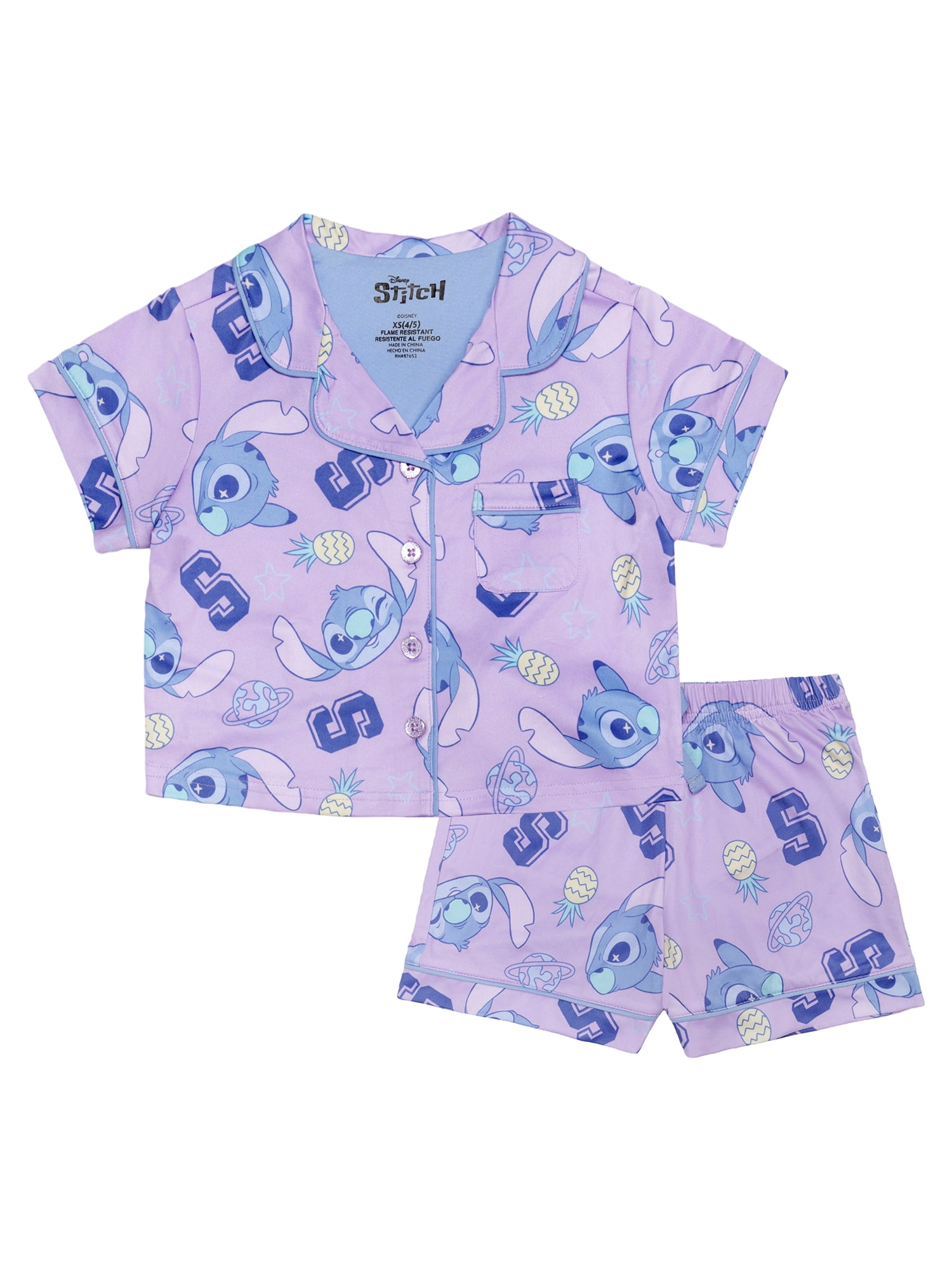 Lilo & Stitch Girls Button Front Top and Shorts Pajama Set, 2-Piece, Sizes 4-12