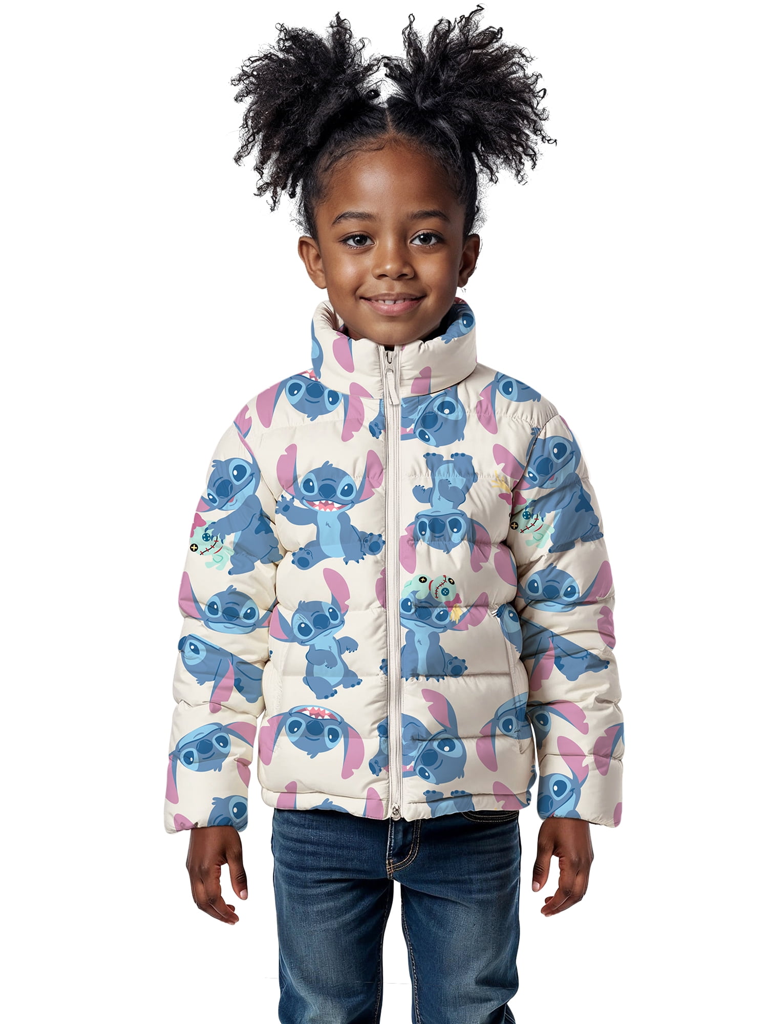 Lilo & Stitch Girls Graphic Zip Puffer Jacket, Lightweight, Sizes 4-18