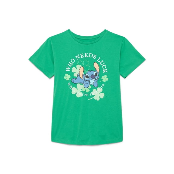 St. Patrick's Day Girls Stitch Who Needs Luck Graphic Tee, Sizes 4-16