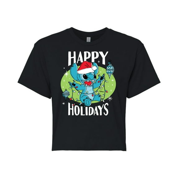 Lilo & Stitch - Happy Holidays - Juniors Cropped Cotton Blend T-Shirt