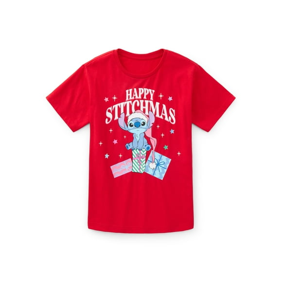 Lilo and Stitch Happy Stitchmas Girls Graphic Tee with Short Sleeves, Sizes 4-16