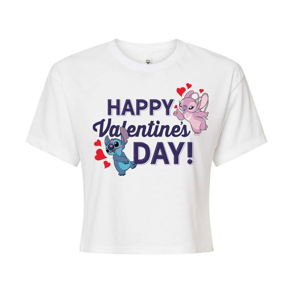 Lilo & Stitch - Happy Valentine's Day - Juniors Cropped Cotton Blend T-Shirt