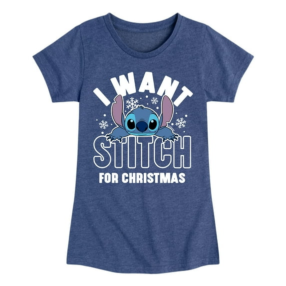Lilo & Stitch - I Want A Stitch For Christmas - Girls Fitted Short Sleeve Tee