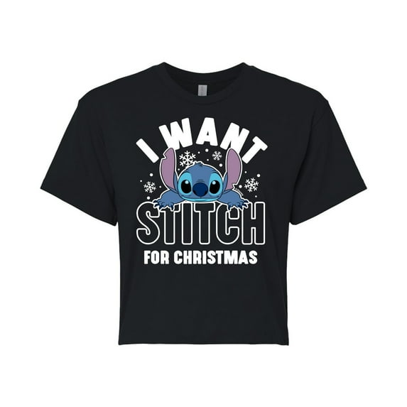 Lilo & Stitch - I Want A Stitch For Christmas - Juniors Cropped Cotton Blend T-Shirt