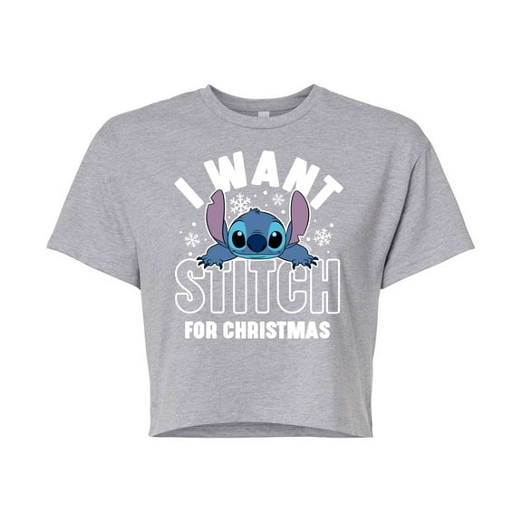 Lilo & Stitch - I Want A Stitch For Christmas - Juniors Cropped Cotton Blend T-Shirt