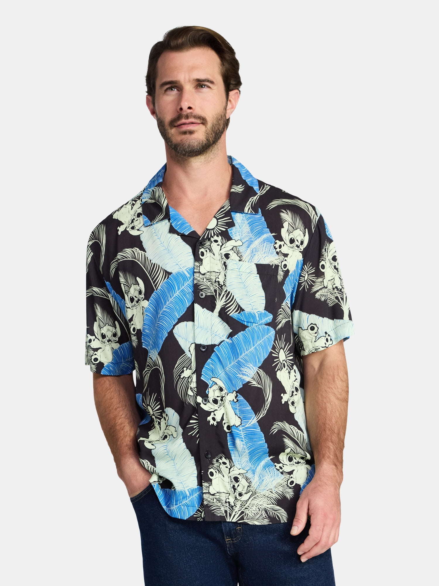Lilo & Stitch Men's and Big Men's Graphic Button-Up Shirt, Sizes XS-5XL