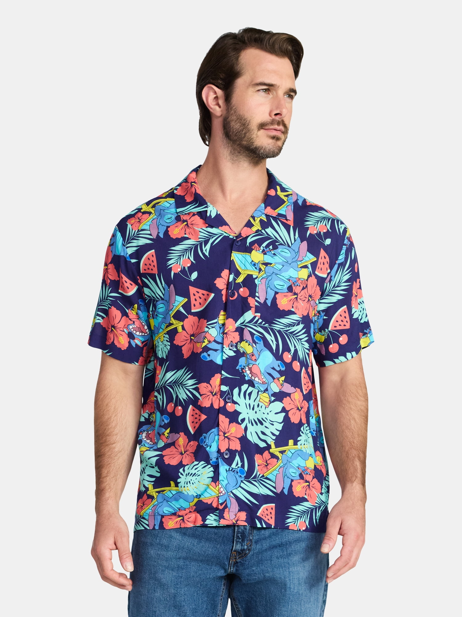 Lilo & Stitch Men's and Big Men's Graphic Button-Up Shirt, Sizes XS-5XL