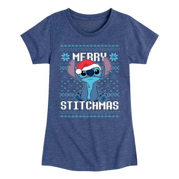 Lilo & Stitch - Merry Stitchmas Christmas Cross stitch - Girls Fitted Short Sleeve Graphic T-Shirt