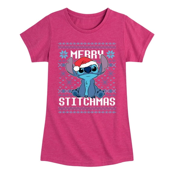 Lilo & Stitch - Merry Stitchmas Christmas Cross stitch - Girls Fitted Short Sleeve Graphic T-Shirt