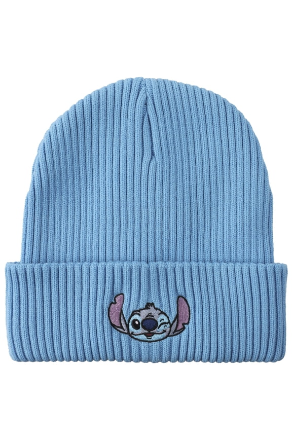 Lilo & Stitch Ribbed Knit Embroidered Stitch On Blue Satin Lined Cuff Beanie