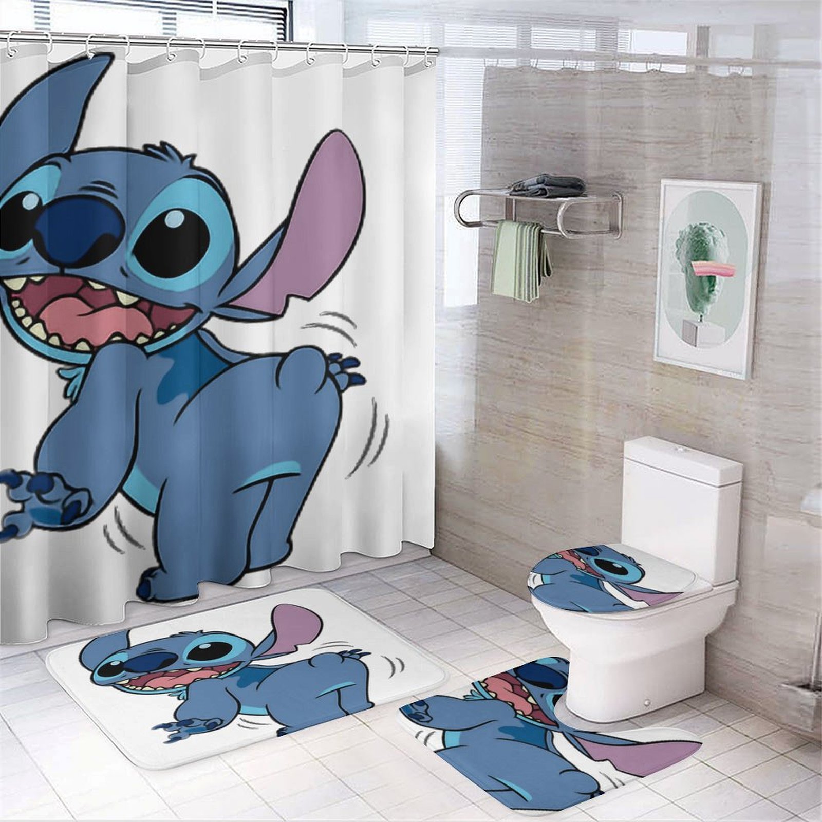 Lilo & Stitch Shower Curtain Set with Rugs Toilet Lid Cover, Shower