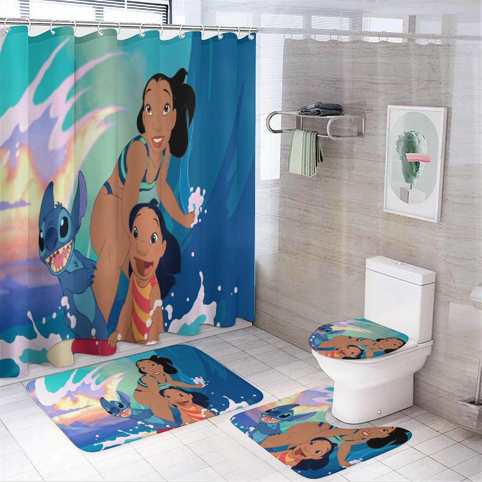 Lilo & Stitch Shower Curtain Set with Rugs Toilet Lid Cover, Shower ...