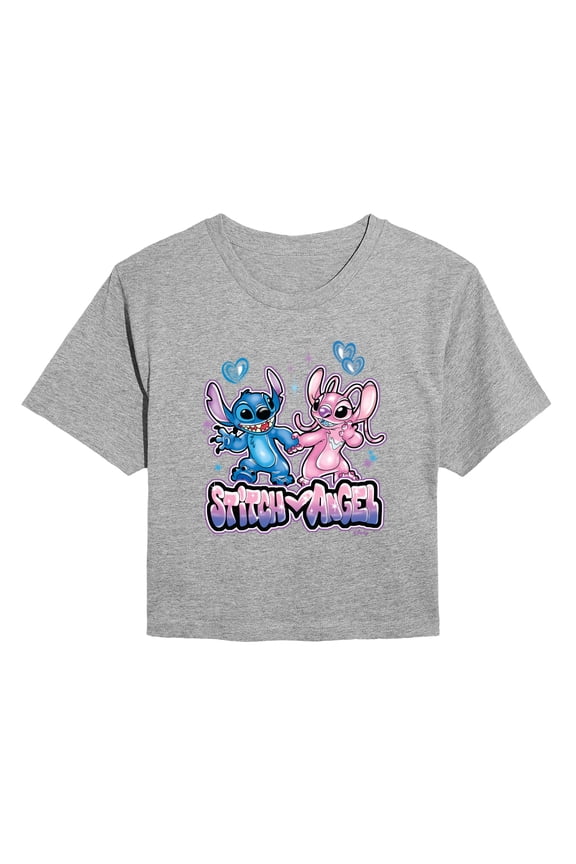 - Stitch and Angel Graffiti - Juniors Cropped Graphic T-Shirt