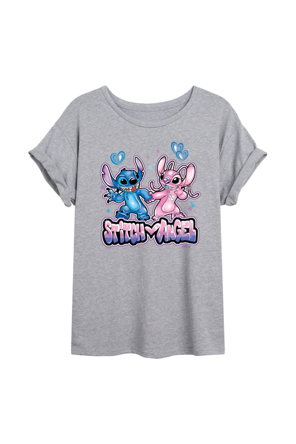 - Stitch and Angel Graffiti - Juniors Oversized Graphic T-Shirt