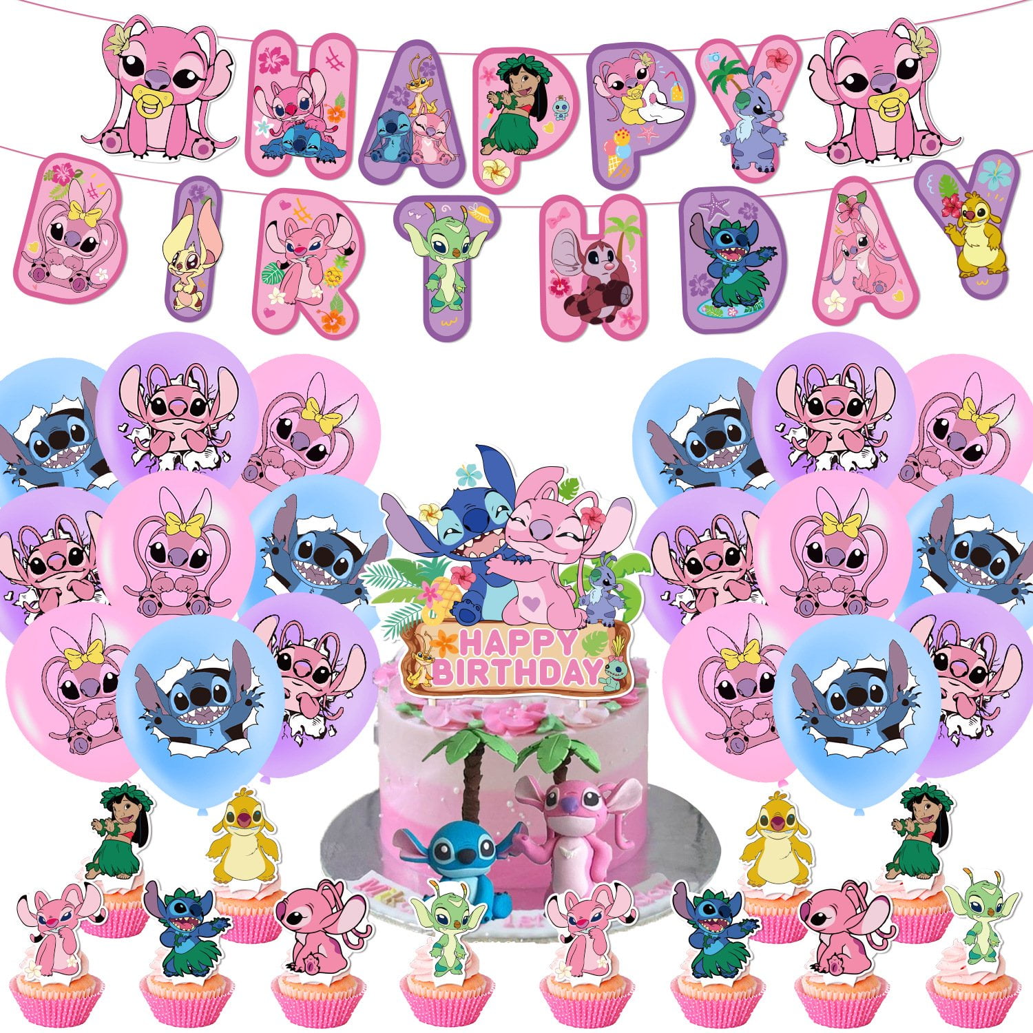 64PCS Lilo and Stitch birthday party decoration, including 1 set of birthday  flags, cake topper, cup cake toppers, Hanging vortex and balloons. Lilo and Stitch  Party supplies price in Saudi Arabia