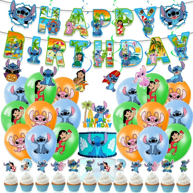 Lilo & Stitch Themed Birthday Party Decorations Party Supplies Include  Banner/Triangle Flag/Honeycomb Ball/Cake Topper/Cupcake Topper&Wrappers/ Balloons/Hanging Swirls/Round String 