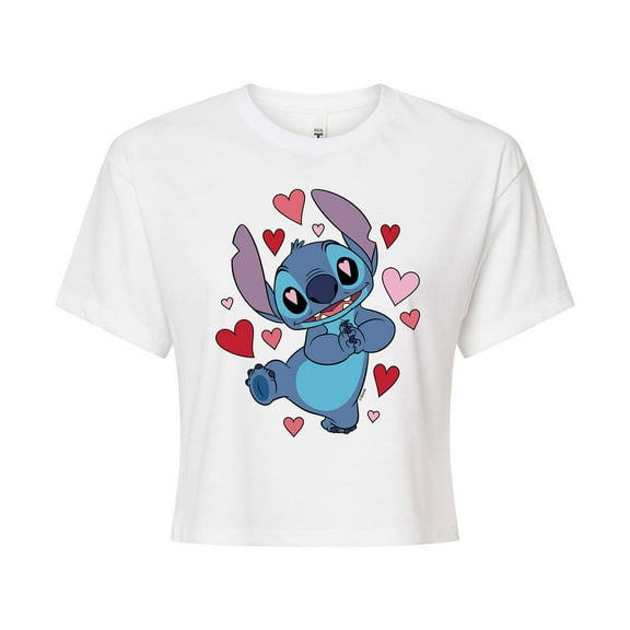Lilo & Stitch - Valentine's Day Heart Eyes Stitch - Juniors Cropped Cotton Blend T-Shirt