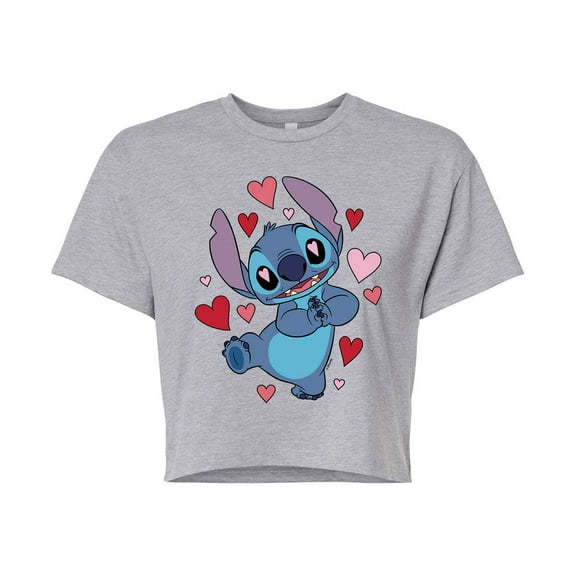 Lilo & Stitch - Valentine's Day Heart Eyes Stitch - Juniors Cropped Cotton Blend T-Shirt