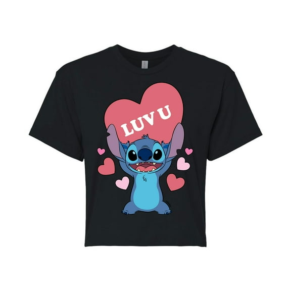 Lilo & Stitch - Valentine's Day Stitch Luv U Heart - Juniors Cropped Cotton Blend T-Shirt