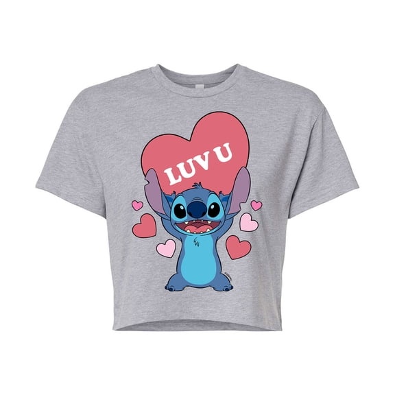 Lilo & Stitch - Valentine's Day Stitch Luv U Heart - Juniors Cropped Cotton Blend T-Shirt