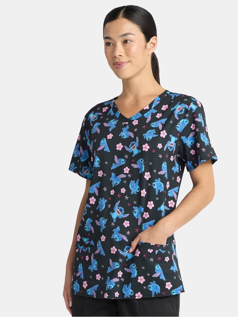 Lilo and Stitch Women's Scrub Top with Short Sleeves, Sizes S-3XL