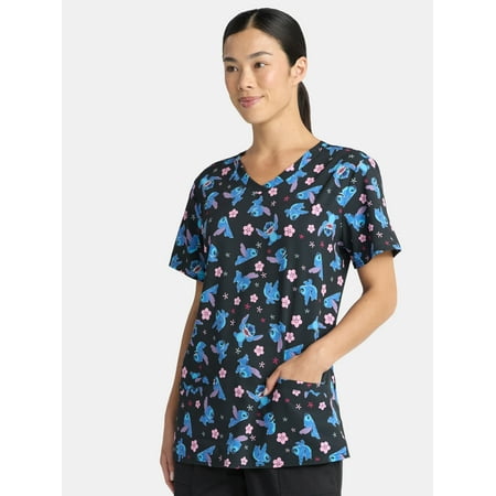 Lilo and Stitch Women's Scrub Top with Short Sleeves, Sizes S-3XL