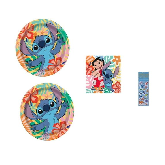 Lilo and Stitch Birthday Party Supplies Bundle includes 16 Lunch Paper Plates 9", 16 Lunch Paper Napkins, 1 Dinosaur Sticker Sheet